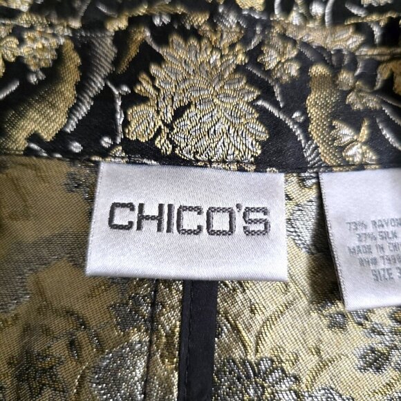 Chicos Black Floral Metallic Embroidered Silk Blend Button Down Blouse Sz 3 (XL) - Picture 7 of 8